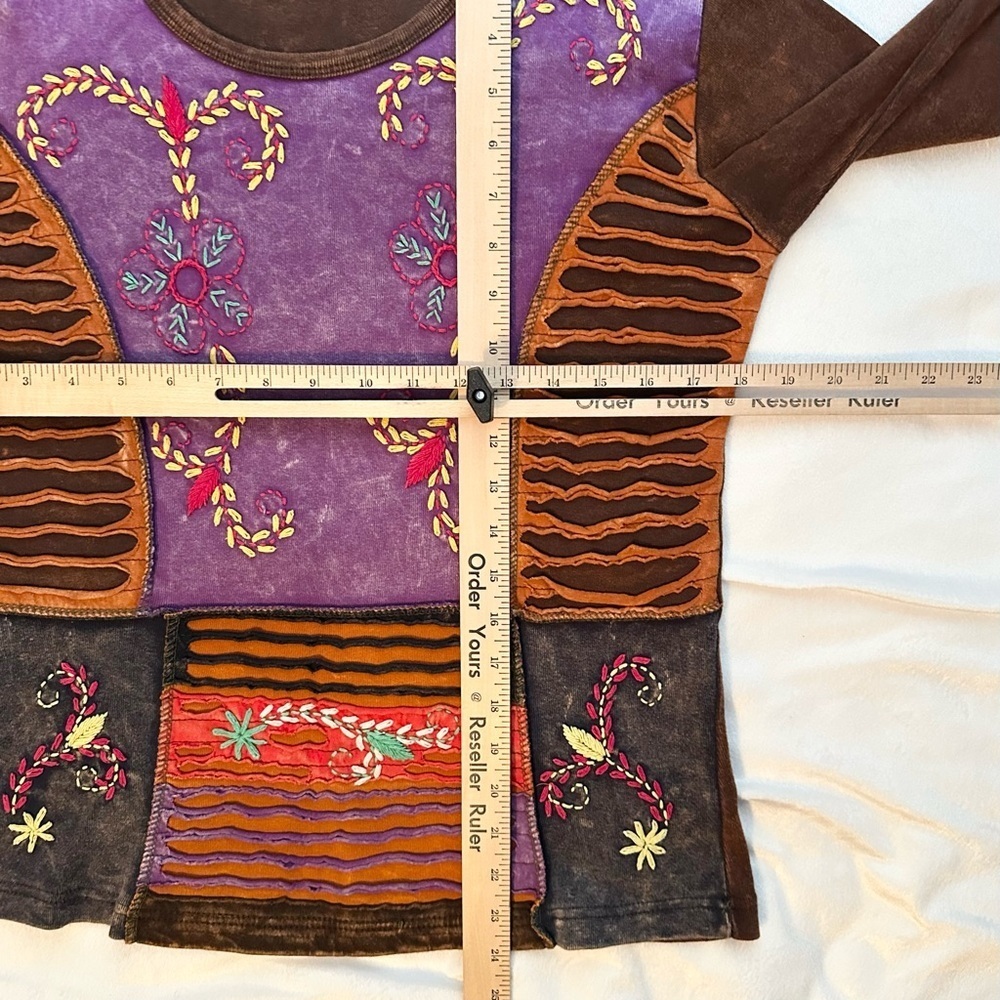Rising International Embroidered Boho Hippie Nepal Top Shirt Women L Brown Purpl - Picture 6 of 9